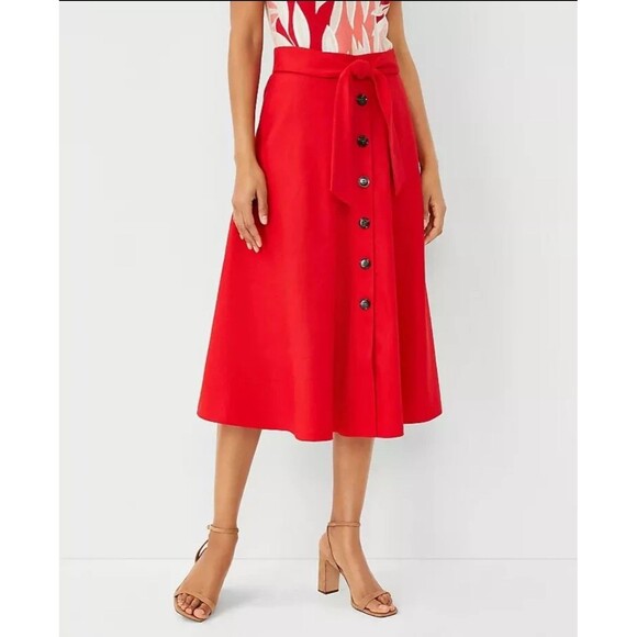 Ann Taylor Linen Blend Button Tie Waist Midi Skirt, Red, Size 2 Petite, NWT - Picture 1 of 8